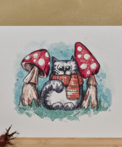 Ilustrație/felicitare ”Pisică cu ciuperci”